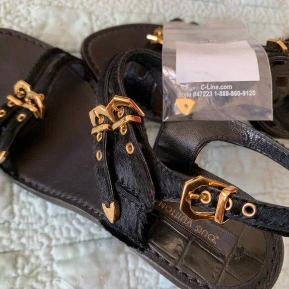 READ DESCR Louis Vuitton Black Tupelo Sandals Calf Leather w/ Box Size 34.5 Rubb - Picture 6 of 10